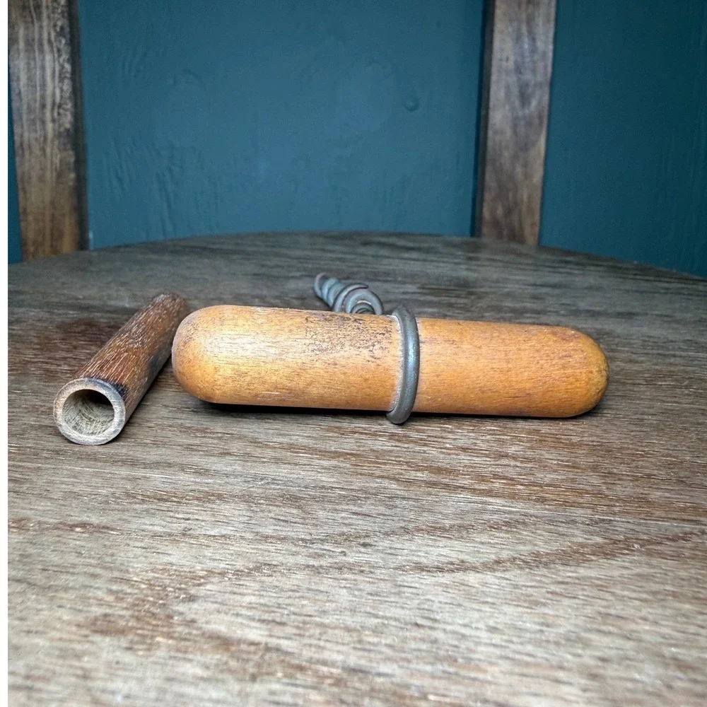 Antique Primitive Wooden T Handle Corkscrew with Sheath Twisted Wire Steel Worm